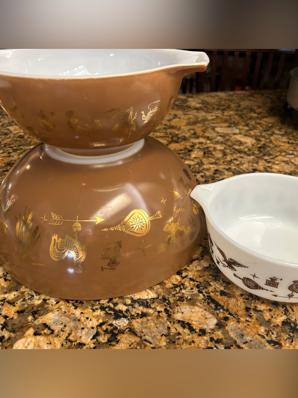 Pyrex Cinderella, three piece  Brown and White Mixing Bowl Set with Gold Motif